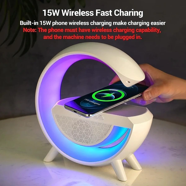 Multifunctional Google Speaker Wireless Charger Speaker 15 Watt Fast Charging Speaker Atmosphere Lamp with Bluetooth Speaker FM Radio 6 RGB Music sync Lighting Mode