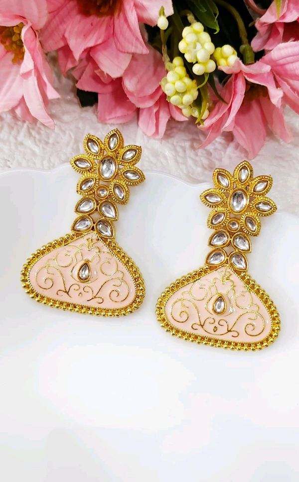 Festive Minakari Kundan Earrings  - Peach