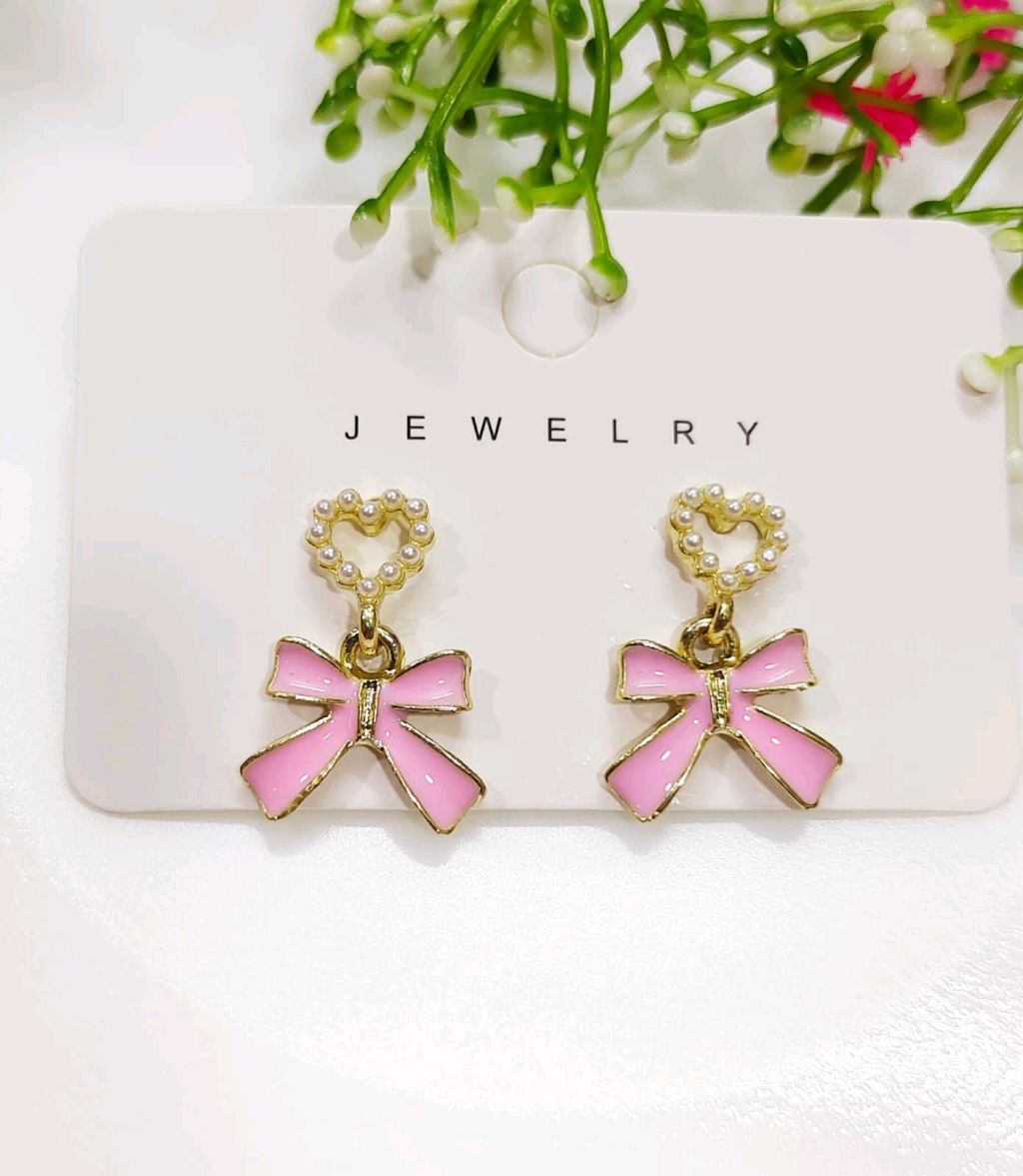 [APROPOS] 韓国☆10K Gold☆Pink Ribbon 3 Earrings Rose Ribbon Crystal Long Chain Drop Earrings by Somese • 14k