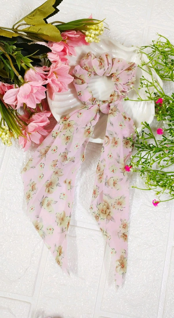 Floral Print Ribbon Scrunchies  - Pink