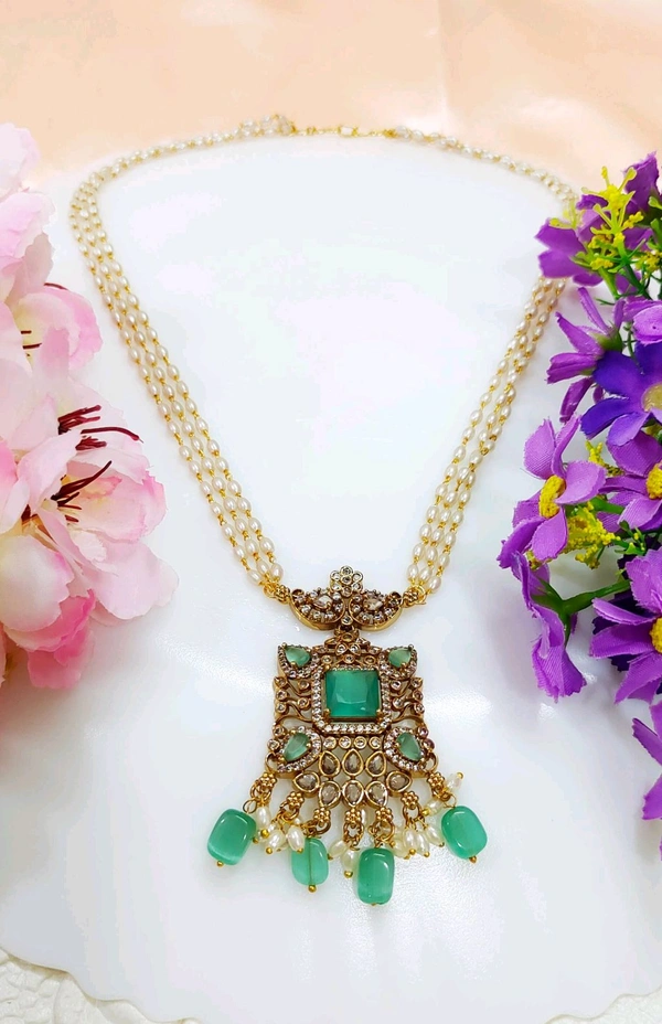 Stylish 3 Line Pearl AD Pendant Necklace  - Light green