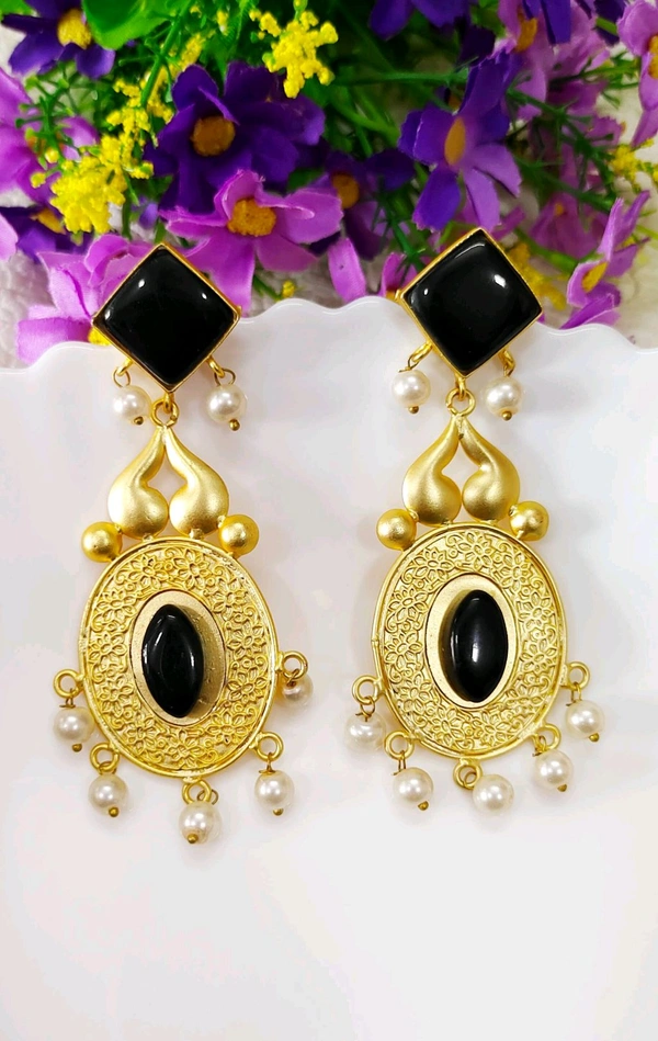 Fusion Gold Natural Doozy Black Stone Brass Earrings 😍👌