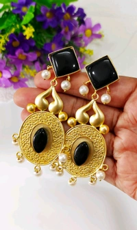 Fusion Gold Natural Doozy Black Stone Brass Earrings 😍👌