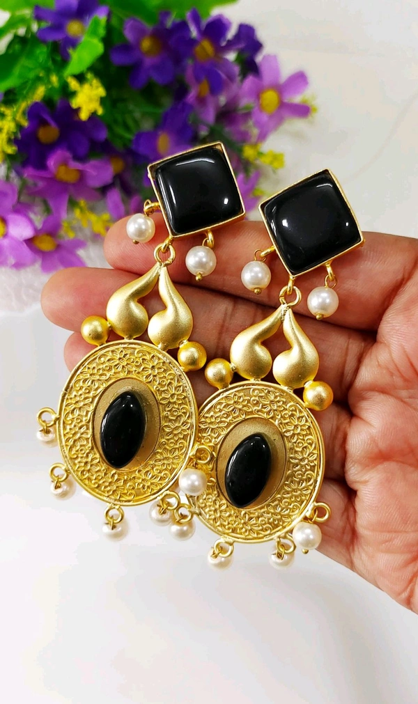 Fusion Gold Natural Doozy Black Stone Brass Earrings 😍👌