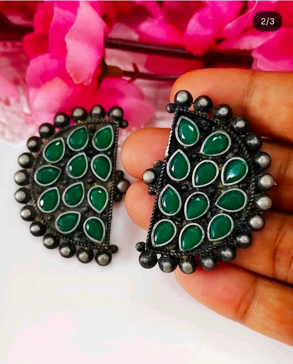Unique Black Polish Chandbali Studs - Green