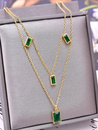 Anti Tarnish  Green Stone Double Layer Pendant Chain