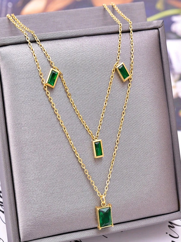 Anti Tarnish  Green Stone Double Layer Pendant Chain