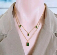 Anti Tarnish  Green Stone Double Layer Pendant Chain