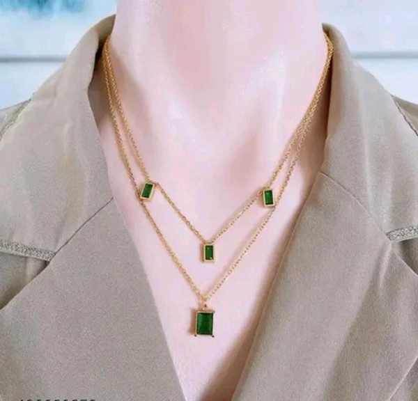 Anti Tarnish  Green Stone Double Layer Pendant Chain