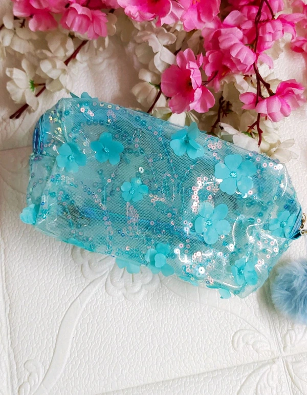 Pretty Floral Vanity Pouches  - Sky-blue