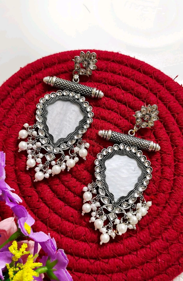 Traditional Oxidised White Kundan Danglers 