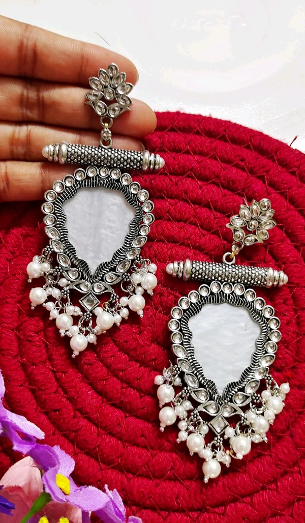 Traditional Oxidised White Kundan Danglers 