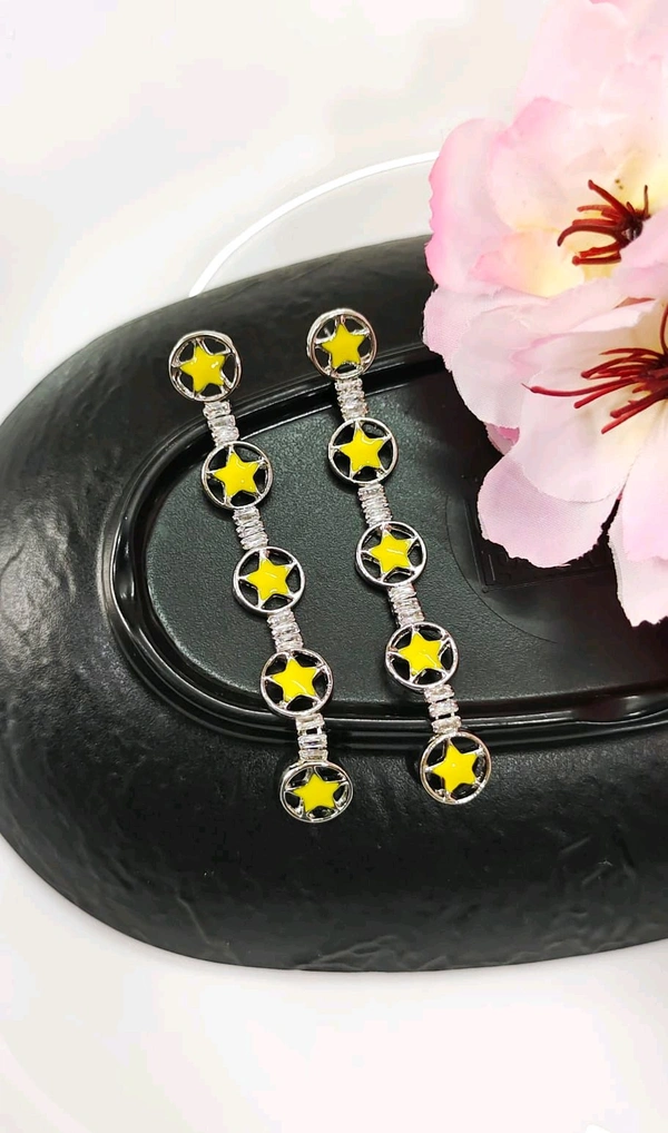 Stylish Silver Star Long Earrings  - Yellow