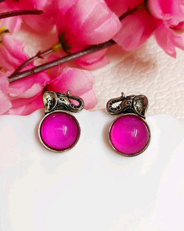 Oxidised Elephant Studs  - Pink