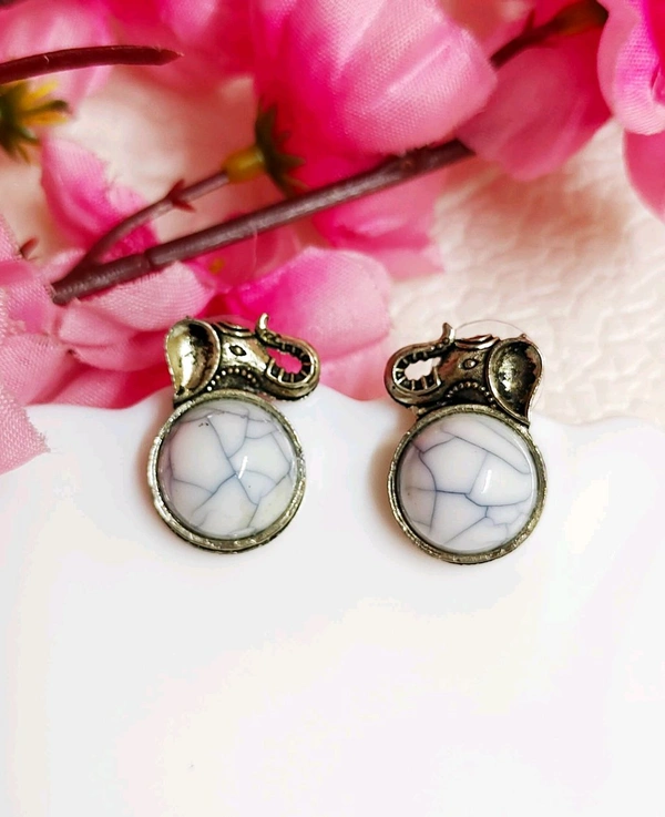 Oxidised Elephant Studs  - White marble