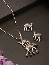 Oxidised Silver Toned Statement Tribal Minimal Camel & Elephant Motif Funky Pendant Chain..
