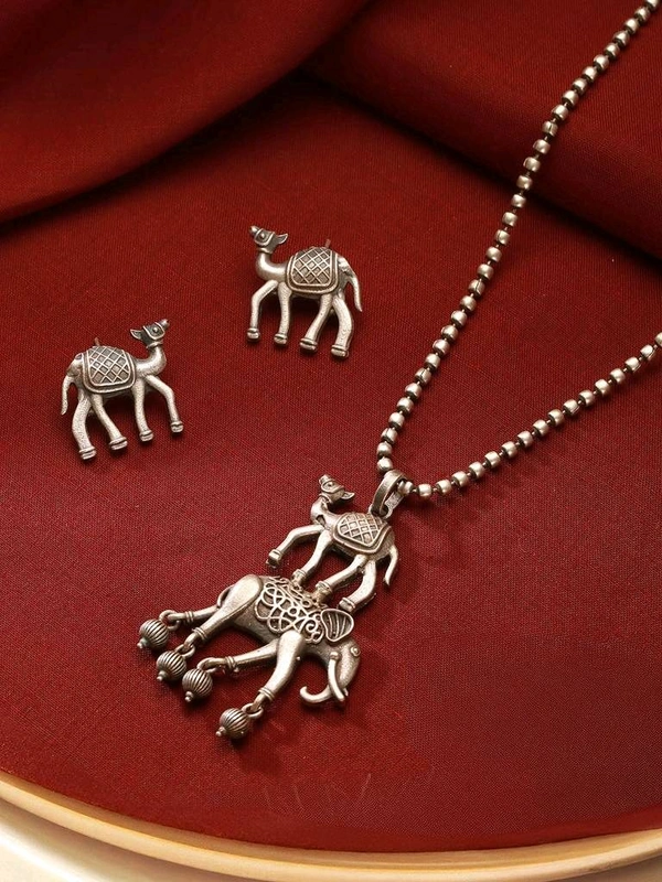 Oxidised Silver Toned Statement Tribal Minimal Camel & Elephant Motif Funky Pendant Chain..
