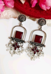 Beautiful Jaipuri Style Oxidised Earrings  - Red