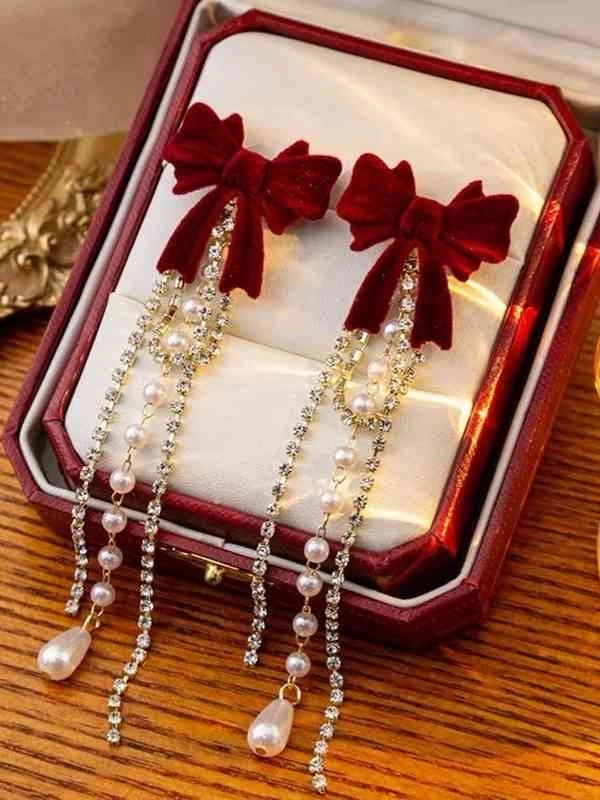 Korean Red Velvet Bow Long Earrings 
