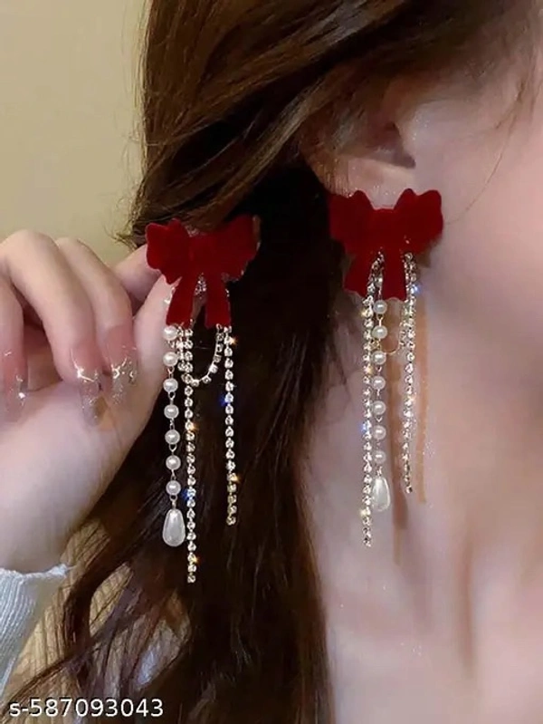 Korean Red Velvet Bow Long Earrings 