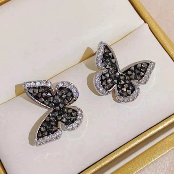 Korean Black Crystal Butterfly Studs 
