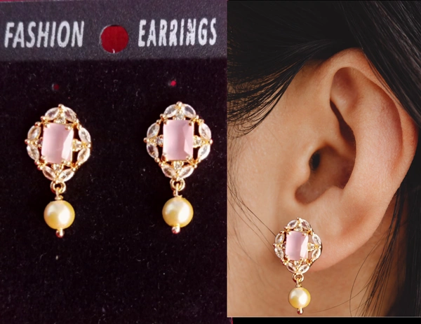 shiny gold  Pink AD Earrings For Women & Girls  - Gold, Free