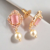 shiny gold  Pink AD Earrings For Women & Girls  - Gold, Free