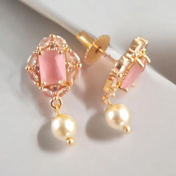 shiny gold  Pink AD Earrings For Women & Girls  - Gold, Free