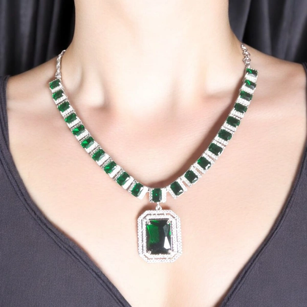 Shiny Gold  silver plated necklace set - Pine Green, Free, American Diamonds