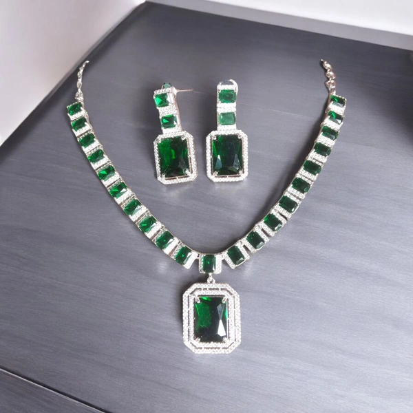 Shiny Gold  silver plated necklace set - Pine Green, Free, American Diamonds