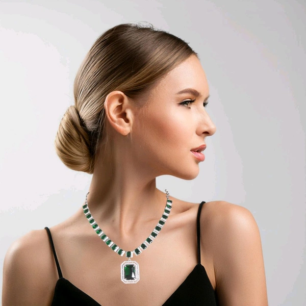Shiny Gold  silver plated necklace set - Pine Green, Free, American Diamonds