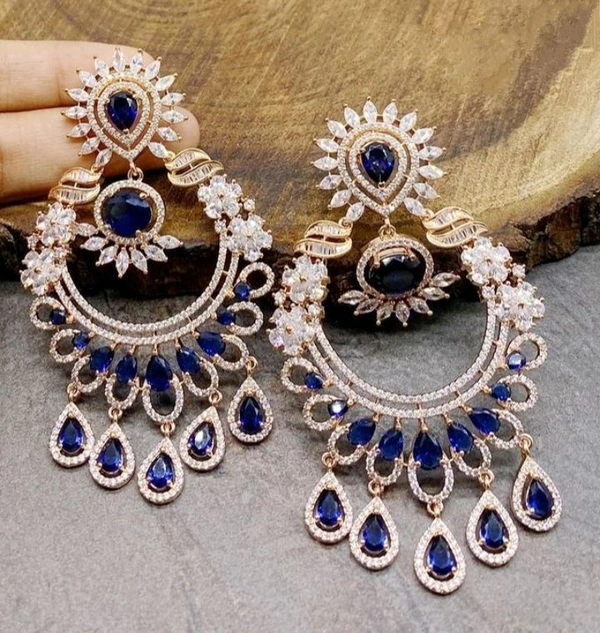 Shiny Gold  Blue Earring  - Blue, Free, American Diamonds