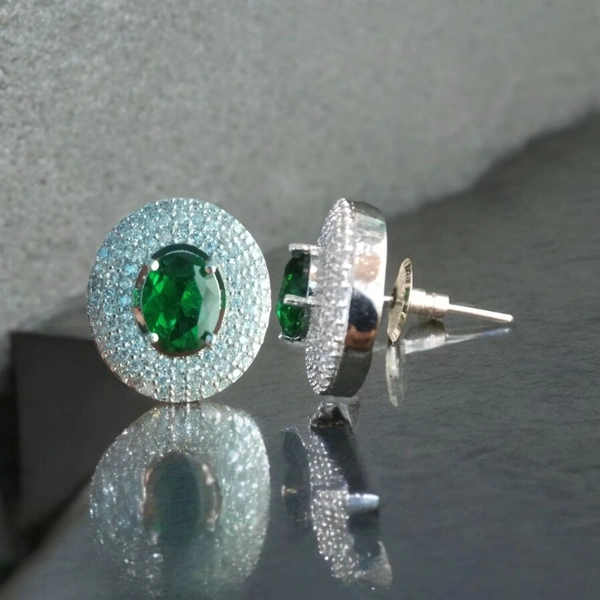 Shiny Gold  Classic Emerald Halo Stud Earrings - Green, Free, American Diamonds