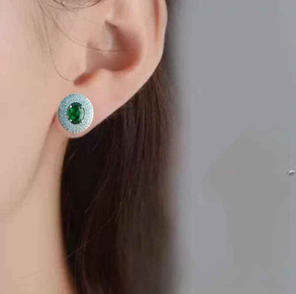 Shiny Gold  Classic Emerald Halo Stud Earrings - Green, Free, American Diamonds