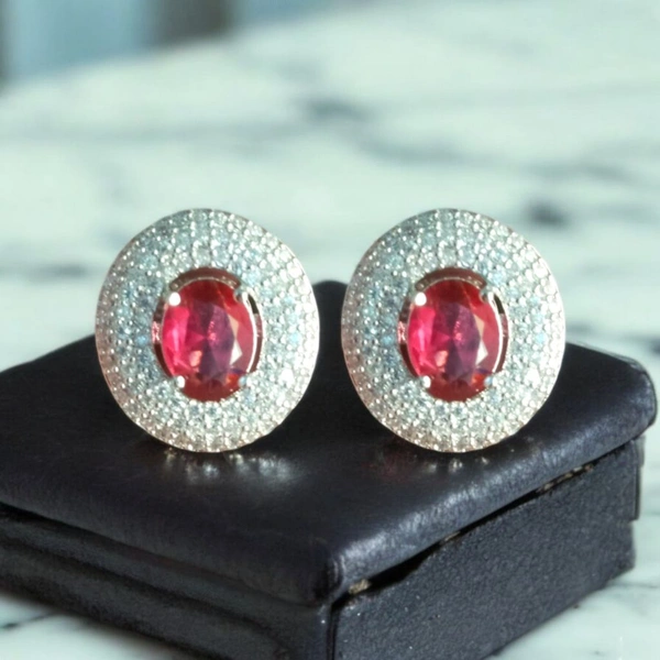 Shiny Gold  Classic Emerald Halo Stud Earrings - Red, Free, American Diamonds