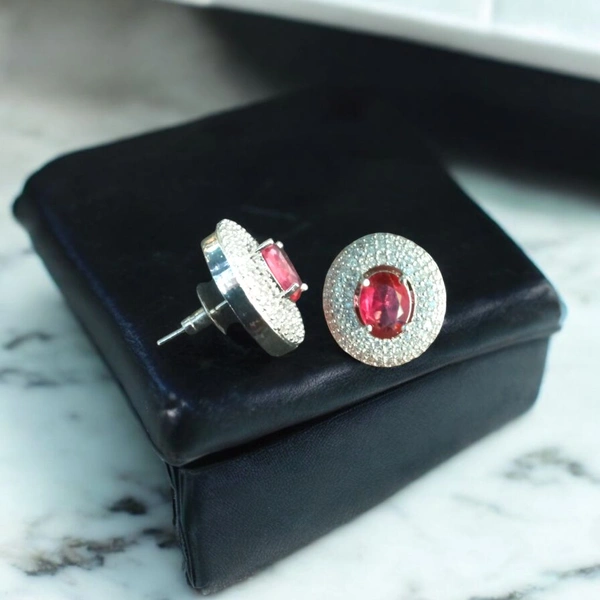 Shiny Gold  Classic Emerald Halo Stud Earrings - Red, Free, American Diamonds