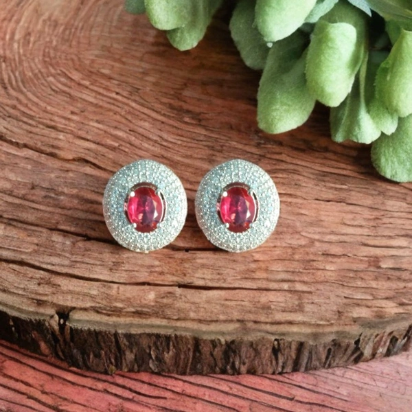 Shiny Gold  Classic Emerald Halo Stud Earrings - Red, Free, American Diamonds