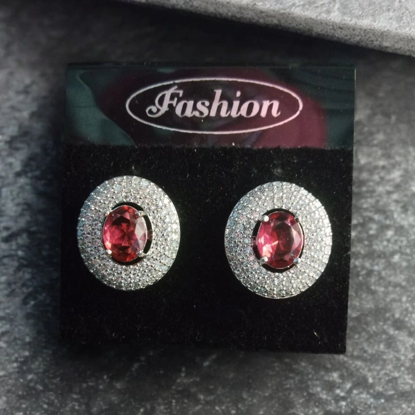 Shiny Gold  Classic Emerald Halo Stud Earrings - Red, Free, American Diamonds