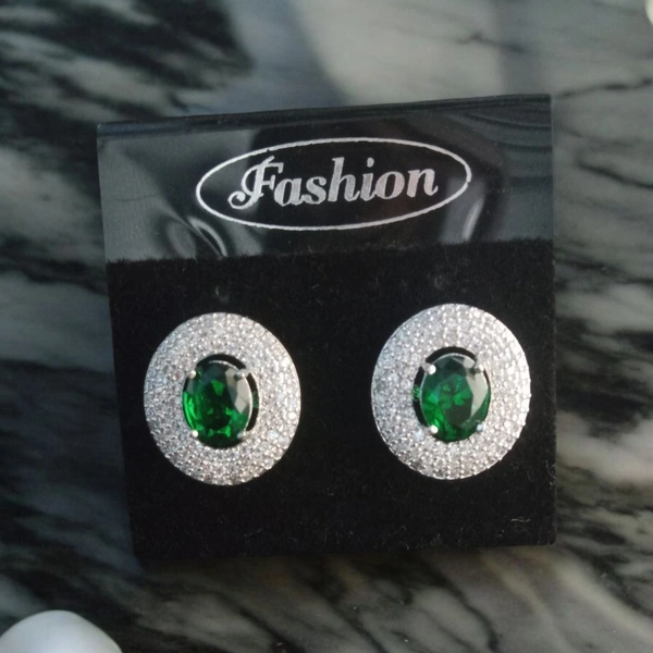 Shiny Gold  Classic Emerald Halo Stud Earrings - Green, Free, American Diamonds