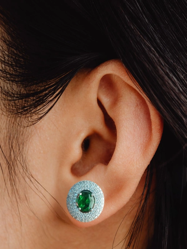 Shiny Gold  Classic Emerald Halo Stud Earrings - Green, Free, American Diamonds
