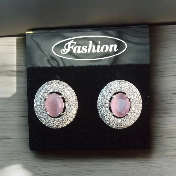 Shiny Gold  Classic Emerald Halo Stud Earrings - Pink Lace, Free, American Diamonds