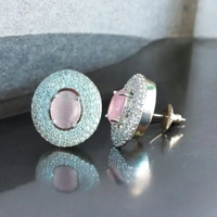 Shiny Gold  Classic Emerald Halo Stud Earrings - Pink Lace, Free, American Diamonds