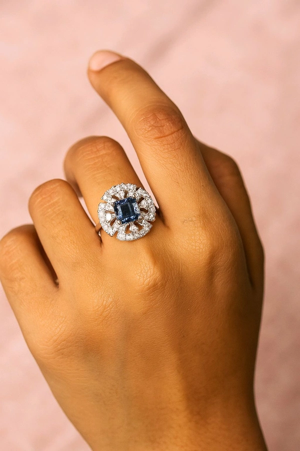 Shiny Gold  AD Finger Ring  - Blue, Silver, 13