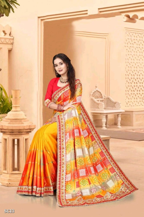 Catalog Name: *Bright Moss Bandhani Saree*

Fabric Bright Moss chiffon
Bandhani Saree with Heavy Embroidery Work lace saree in two shades saree half and half

blouse.80 Banglori Silk With Lace 

party wear and Wedding saree 

Brand Name: *Smriti Collection *

_*Free Shipping! COD Available! Returns Available!*_
Extra ₹40charge for cash on delivery (COD) orders
 - Free