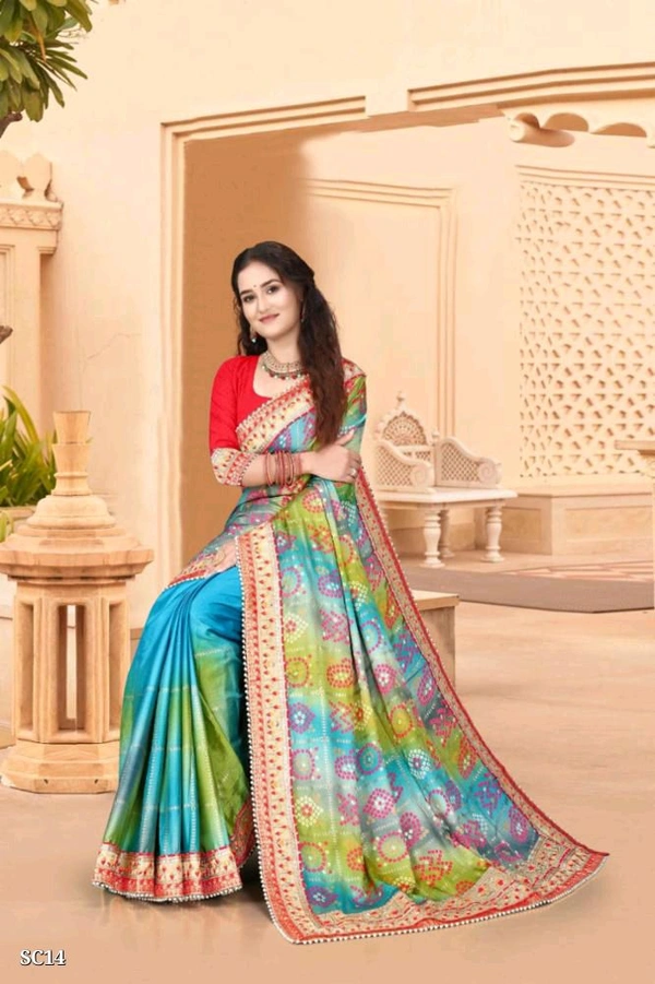 Catalog Name: *Bright Moss Bandhani Saree*

Fabric Bright Moss chiffon
Bandhani Saree with Heavy Embroidery Work lace saree in two shades saree half and half

blouse.80 Banglori Silk With Lace 

party wear and Wedding saree 

Brand Name: *Smriti Collection *

_*Free Shipping! COD Available! Returns Available!*_
Extra ₹40charge for cash on delivery (COD) orders
 - Free