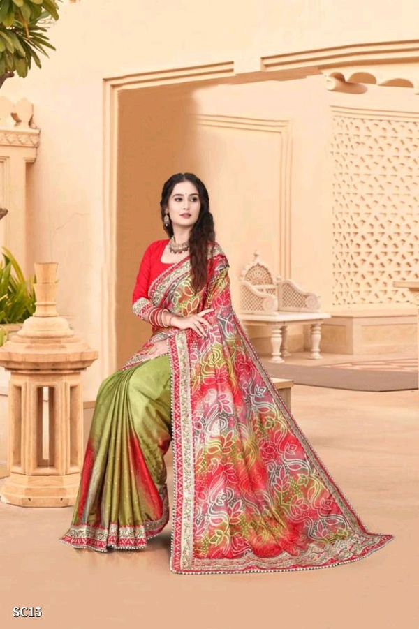 Catalog Name: *Bright Moss Bandhani Saree*

Fabric Bright Moss chiffon
Bandhani Saree with Heavy Embroidery Work lace saree in two shades saree half and half

blouse.80 Banglori Silk With Lace 

party wear and Wedding saree 

Brand Name: *Smriti Collection *

_*Free Shipping! COD Available! Returns Available!*_
Extra ₹40charge for cash on delivery (COD) orders
 - Free