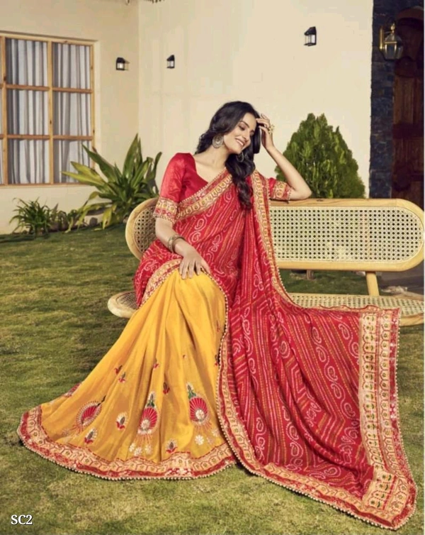 Catalog Name: *Kavya Bandhani Saree*

Moss Chiffon Fabric Bandhani Saree in Two shade saree with Embroidery Work and heavy lace work saree

saree cut 5.50

blouse.80 Bandlori silk with lace 

party wear and Wedding saree 

Brand Name: *Smriti Collection *

_*Free Shipping! COD Available! Returns Available!*_
Extra ₹40charge for cash on delivery (COD) order - Free