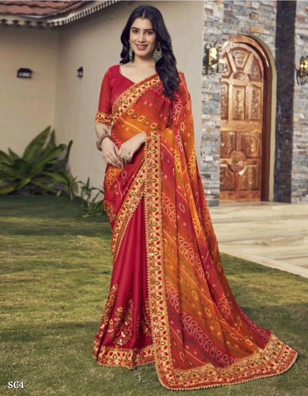 Catalog Name: *Kavya Bandhani Saree*

Moss Chiffon Fabric Bandhani Saree in Two shade saree with Embroidery Work and heavy lace work saree

saree cut 5.50

blouse.80 Bandlori silk with lace 

party wear and Wedding saree 

Brand Name: *Smriti Collection *

_*Free Shipping! COD Available! Returns Available!*_
Extra ₹40charge for cash on delivery (COD) order - Free