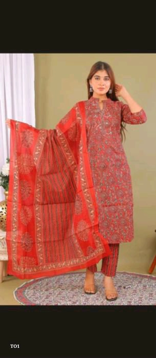 Catalog Name: *3 Pieces Cotton Suit*

pure cotton 3 pieces suit .
kurta pant duppata  fabric use 60*60 pure cotton.
jaipur block print ..
duppta length 2.30 meters 
sizes available M to 3Xl 
wash care normal wash

Brand Name: *Tales Of Threads*

_*Free Shipping! COD Available! Returns Available!*_
Extra ₹40charge for cash on delivery (COD) ord - Xxxl