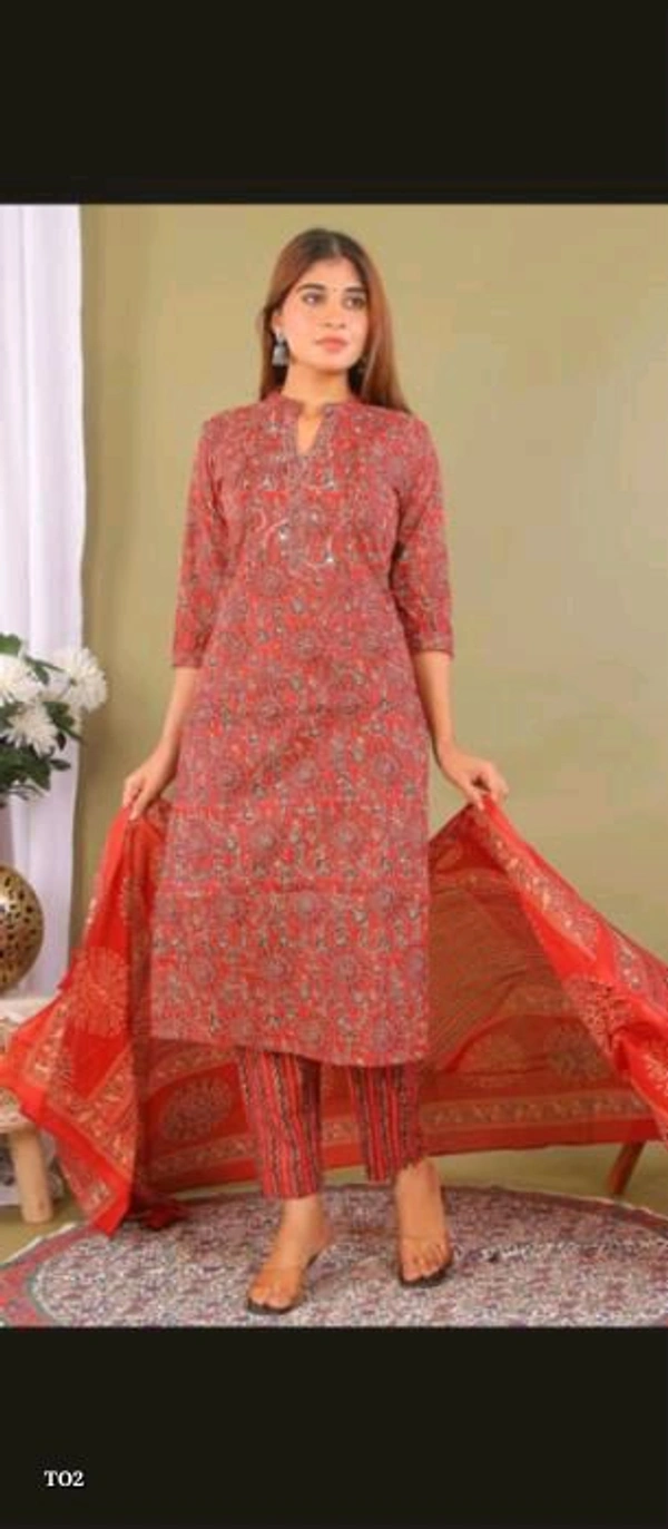 Catalog Name: *3 Pieces Cotton Suit*

pure cotton 3 pieces suit .
kurta pant duppata  fabric use 60*60 pure cotton.
jaipur block print ..
duppta length 2.30 meters 
sizes available M to 3Xl 
wash care normal wash

Brand Name: *Tales Of Threads*

_*Free Shipping! COD Available! Returns Available!*_
Extra ₹40charge for cash on delivery (COD) ord - Xxxl